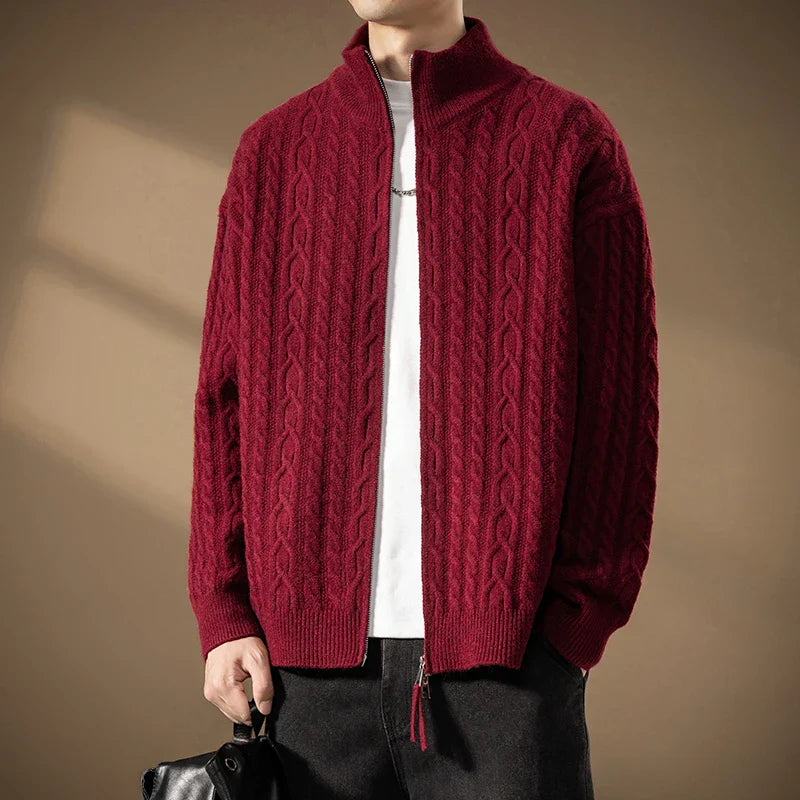 Men's Zip Cardigan with Textured Knit - High Collar