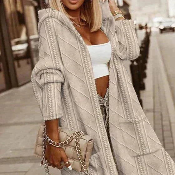 Women's Long Hooded Cardigan - Comfortable Knit Sweater with Relaxed Fit