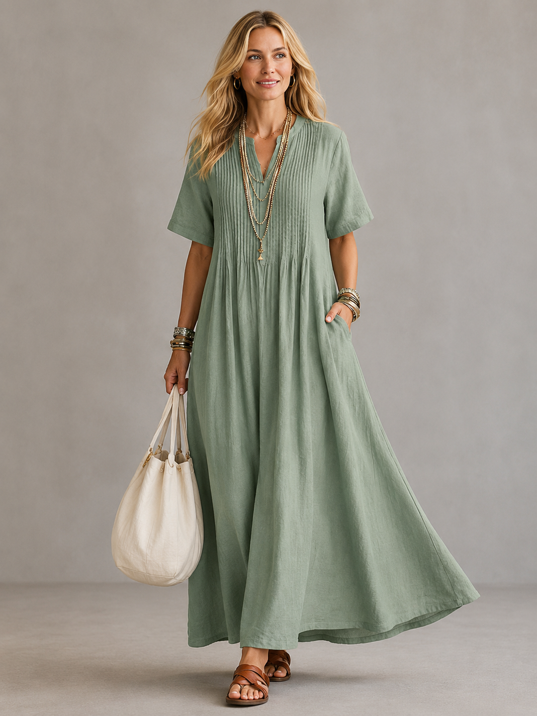 Elegant Breathable Women's Pleated Maxi Dress