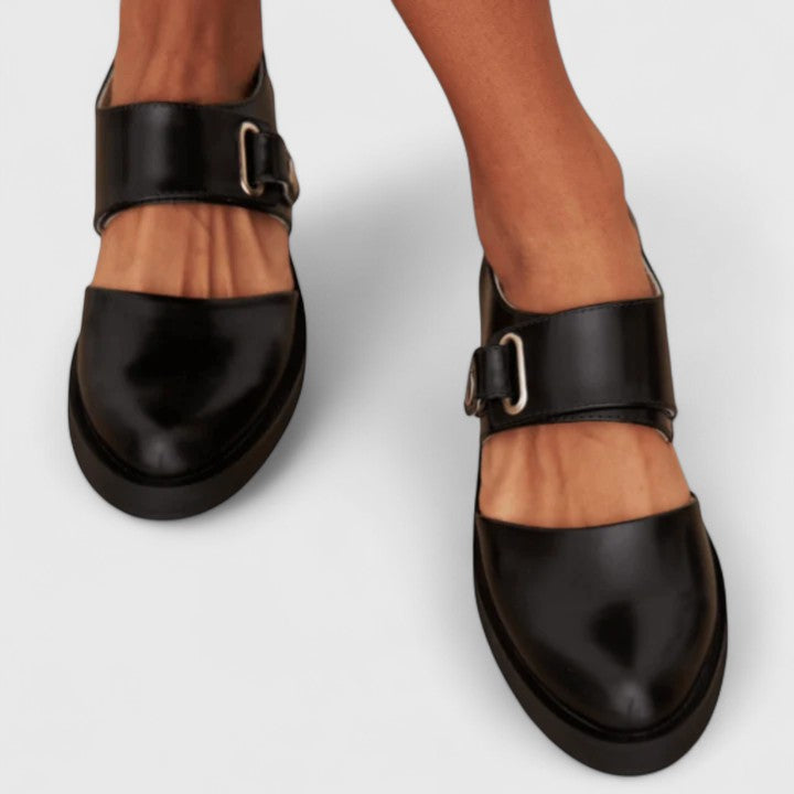 Elegant Women's Shoes with Metal Buckle and Low Heel - Black