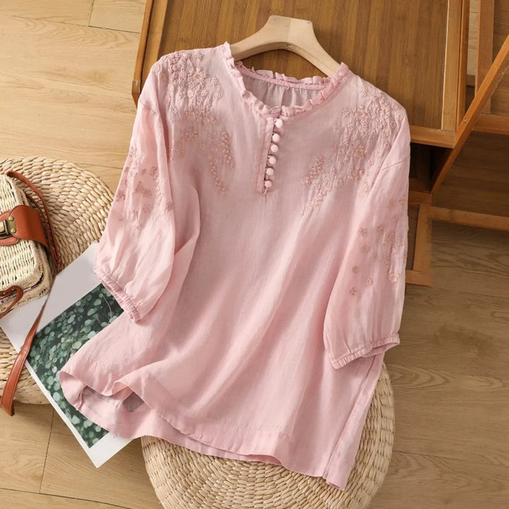 Elegant Embroidered Women's Button-Front Blouse