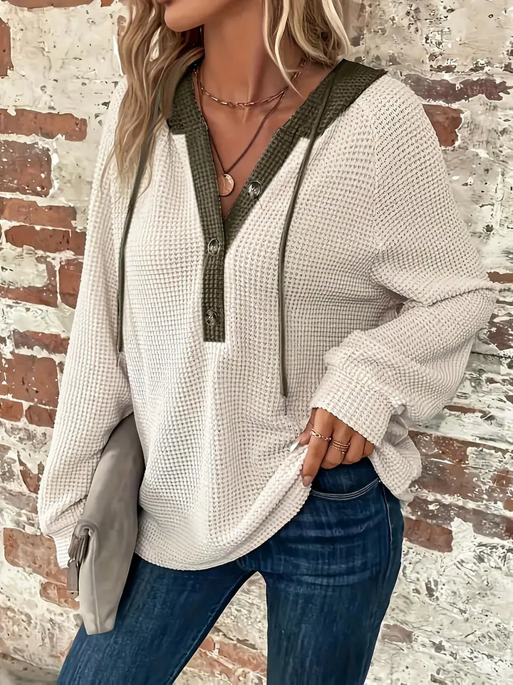 Women's Long Sleeve Hoodie with Front Buttons - Soft Waffle Knit Texture and Adjustable Hood