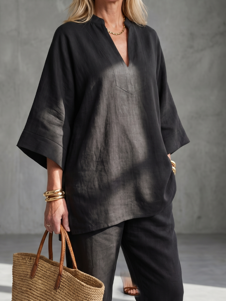 Elegant Relaxed Women's V-Neck Tunic & Gathered Trouser Set