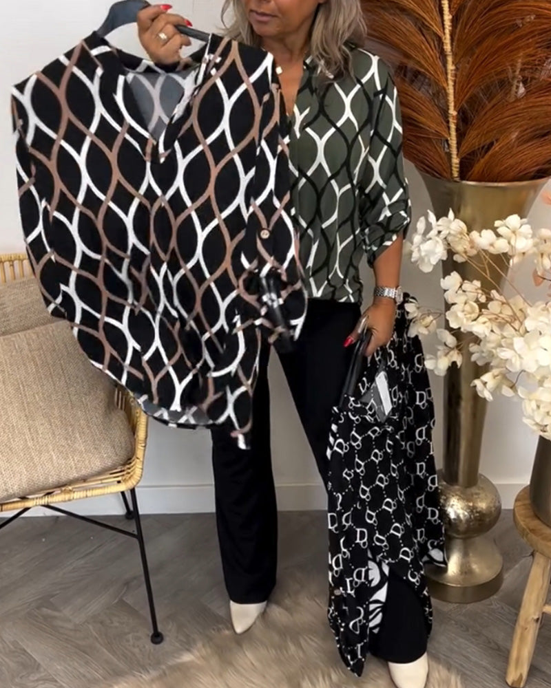 Women's Elegant Long Sleeve Blouse with Geometric Pattern