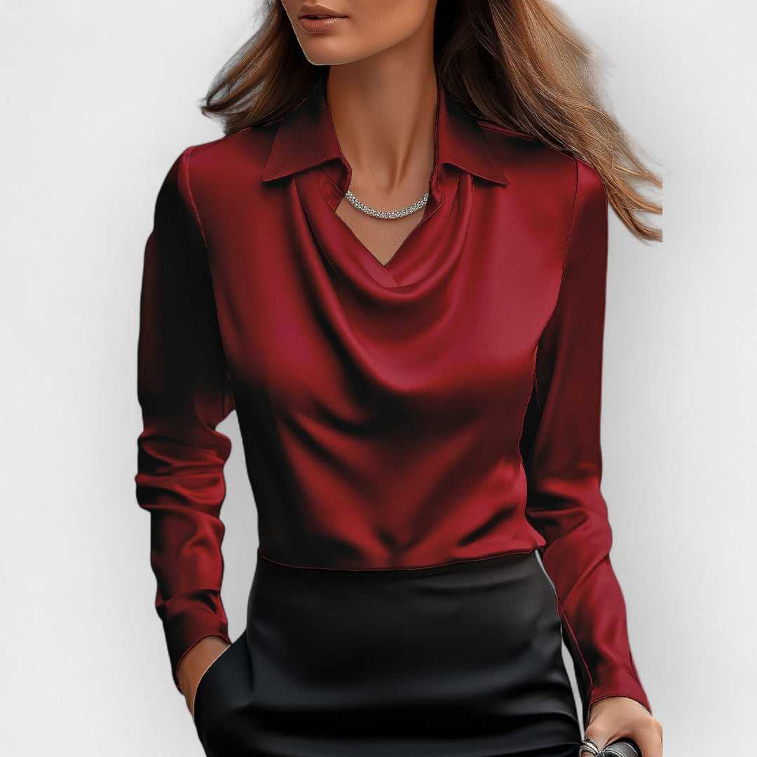 Elegant Women's Satin Blouse with Waterfall Collar - Refined Blouse for Business and Special Occasions
