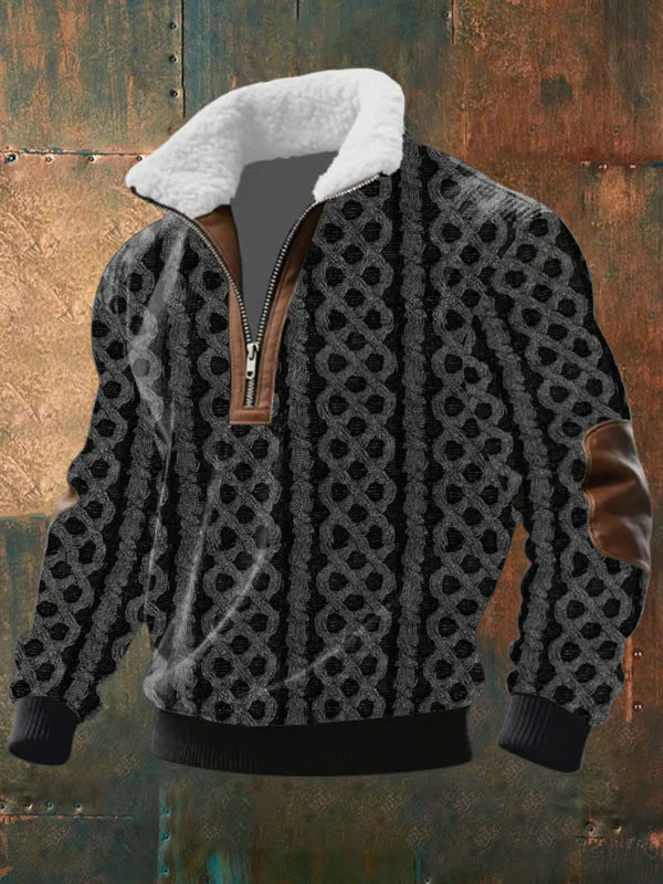 Men's Warm Zip-Up Knit Sweater with High Fur Collar