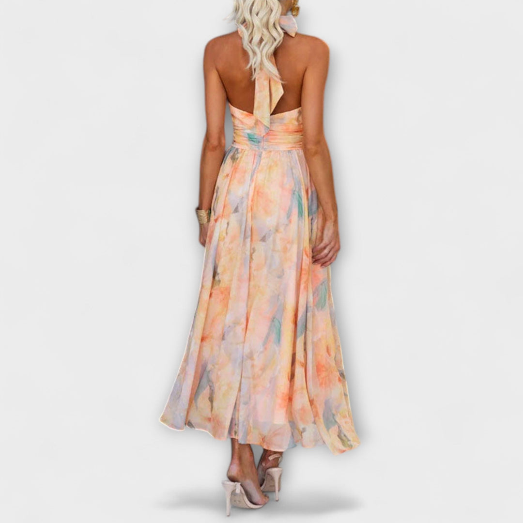 Elegant Women's Maxi Dress with Watercolor Print - Halter Neck Summer Dress