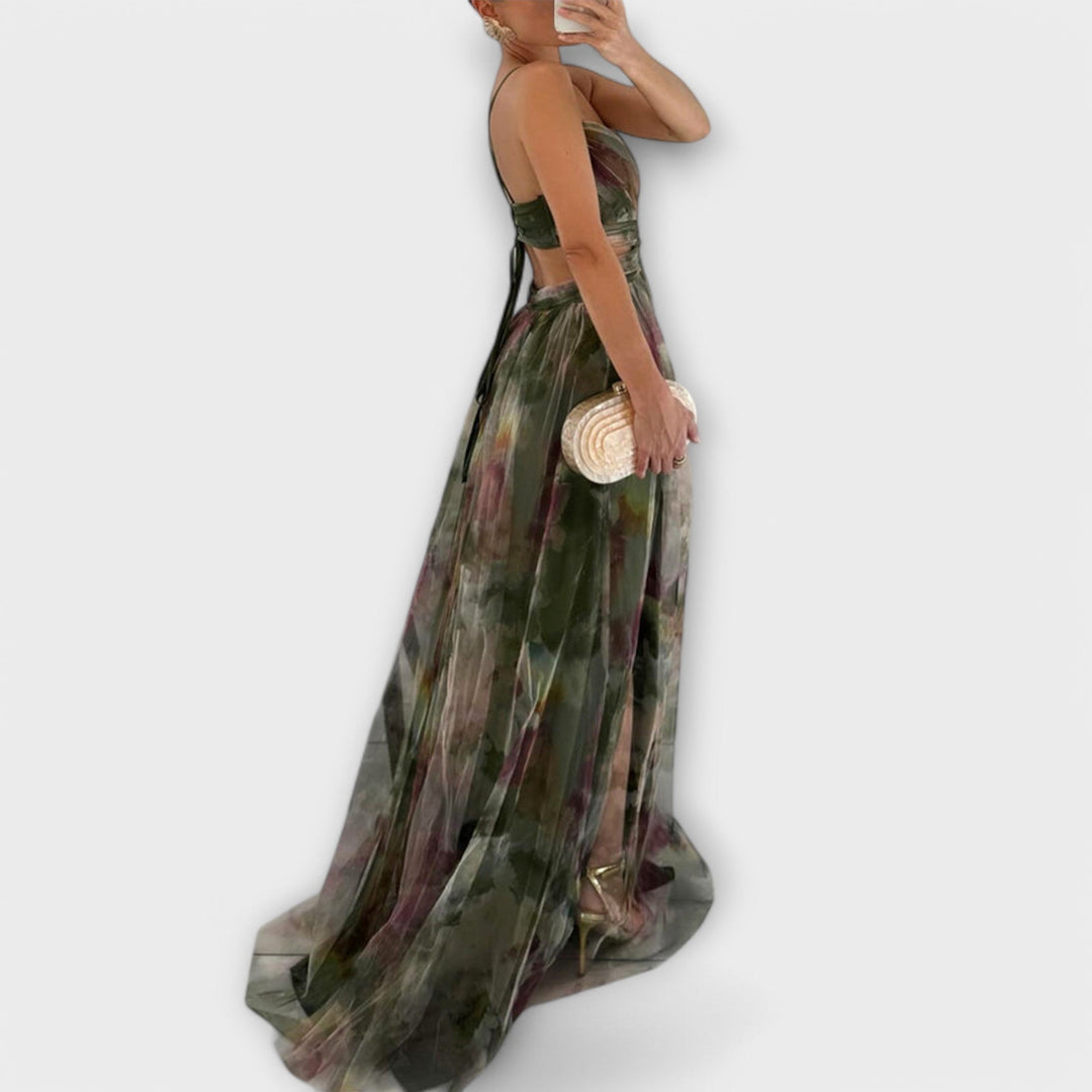 Elegant Women's Printed Mesh Maxi Dress - Figure-Hugging Fit