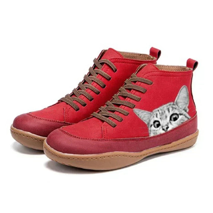 Women's Leather Ankle Boots with Cat Design - Warm-Lined Winter Boots