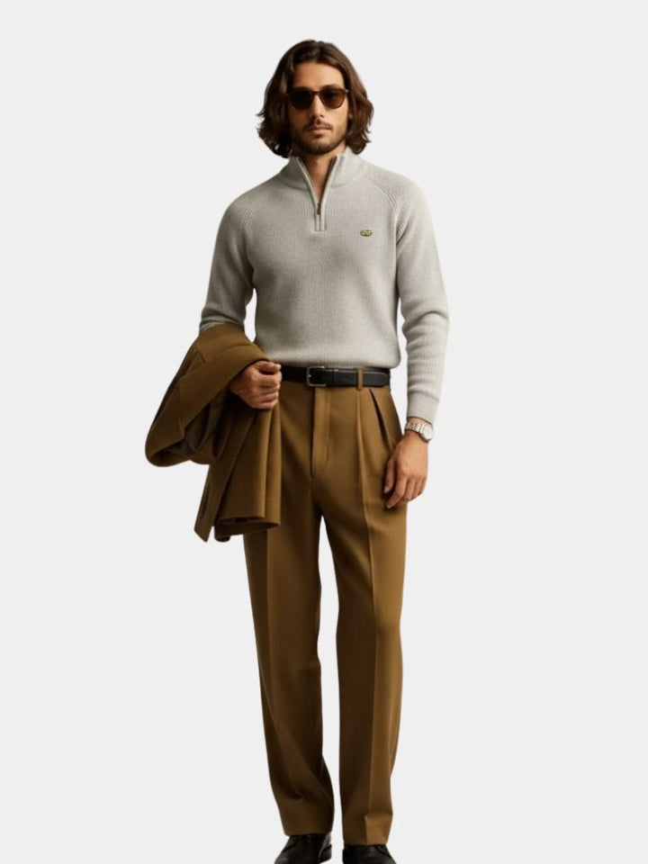 Elegant Men's Quarter-Zip Pullover with Embroidery - Premium Cotton