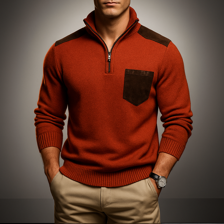 Men's Quarter-Zip Pullover with Contrast Details - High Collar and Modern Fit