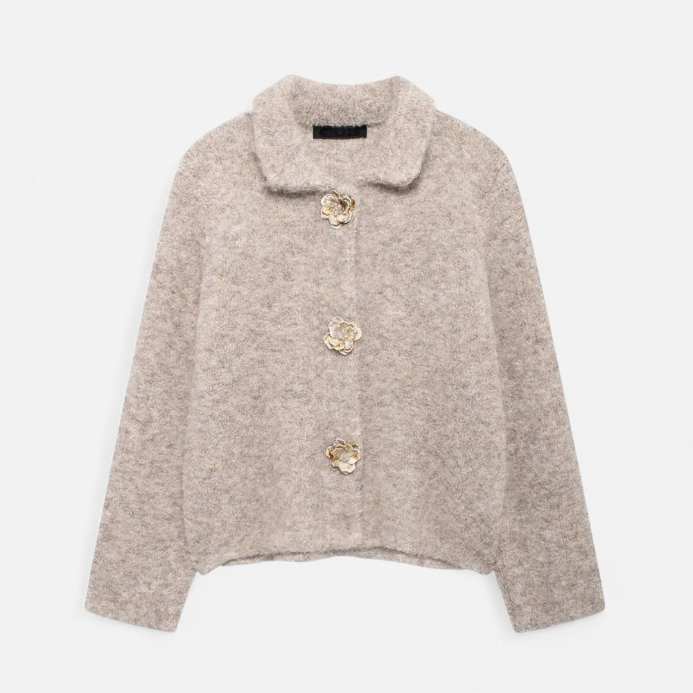 Elegant Knit Cardigan with Floral Buttons for Women