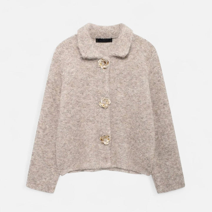 Elegant Knit Cardigan with Floral Buttons for Women
