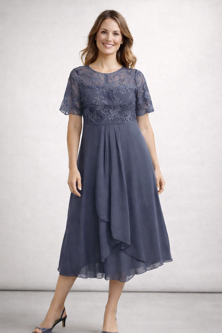 Elegant Lace & Chiffon Short Sleeve Women's Midi Dress