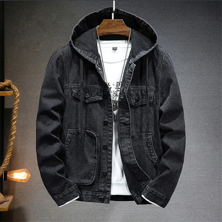 Men's Hooded Denim Jacket - Rugged Denim Hoodie for Casual Streetwear