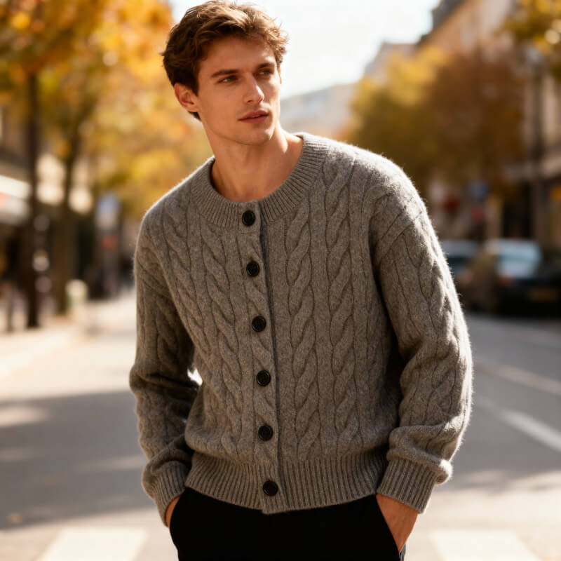 Classic Men's Cable Knit Cardigan with Button Placket