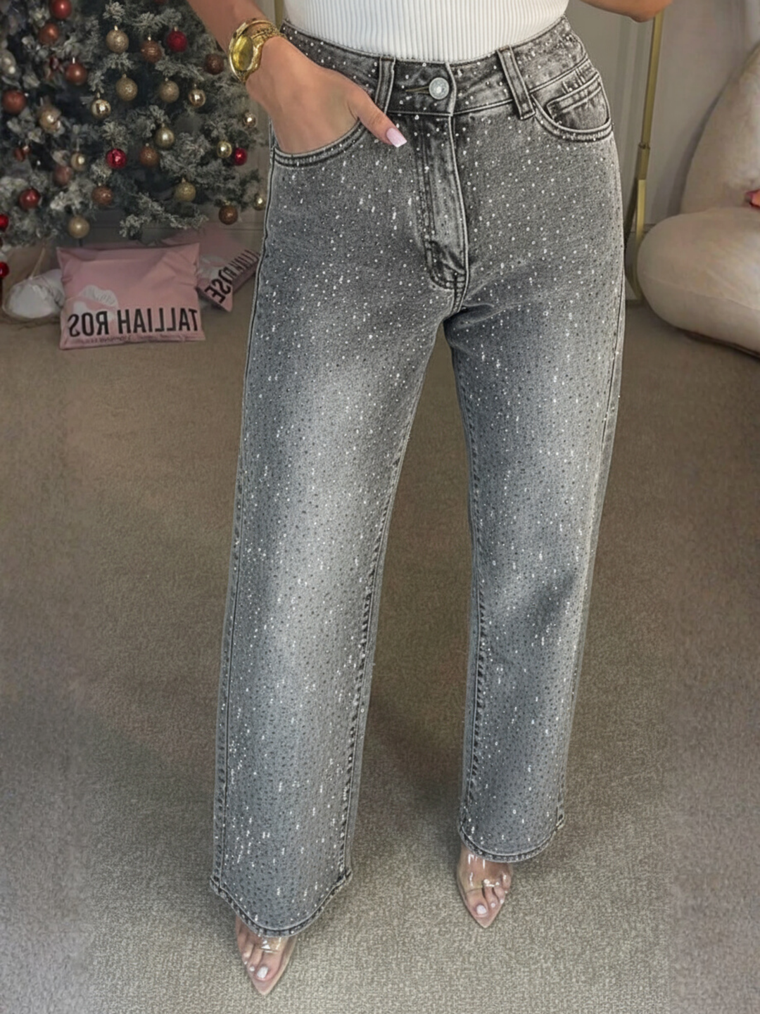 Women's Straight-Cut Jeans with Rhinestone Embellishment