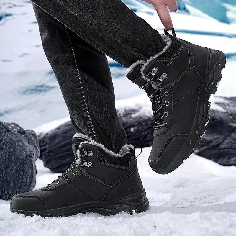 Men's Warm Winter Boots with Faux Fur Upper - Ankle-High Lace-Up Boots