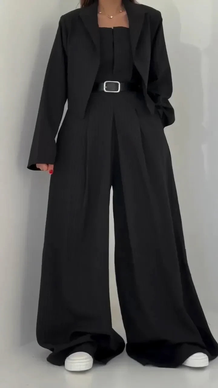 Women's Elegant Bustier Set with Jacket - Wide-Leg Pants and Structured Top