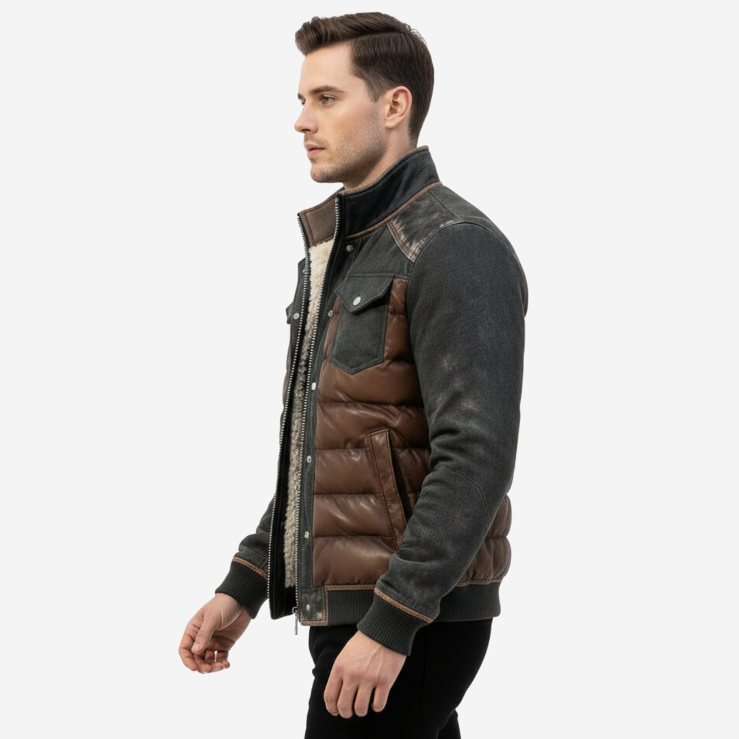 Men's Hybrid Quilted Jacket with Denim Look - Structured Insulated Winter Jacket