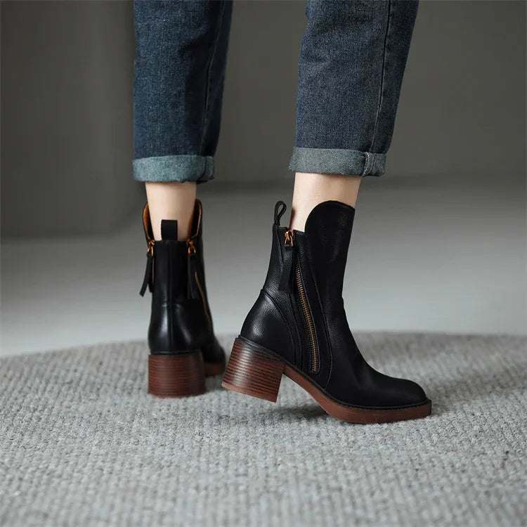 Elegant Women's Genuine Leather Ankle Boots with Block Heel