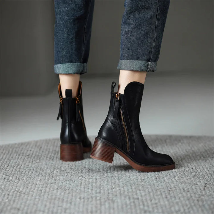 Elegant Women's Genuine Leather Ankle Boots with Block Heel