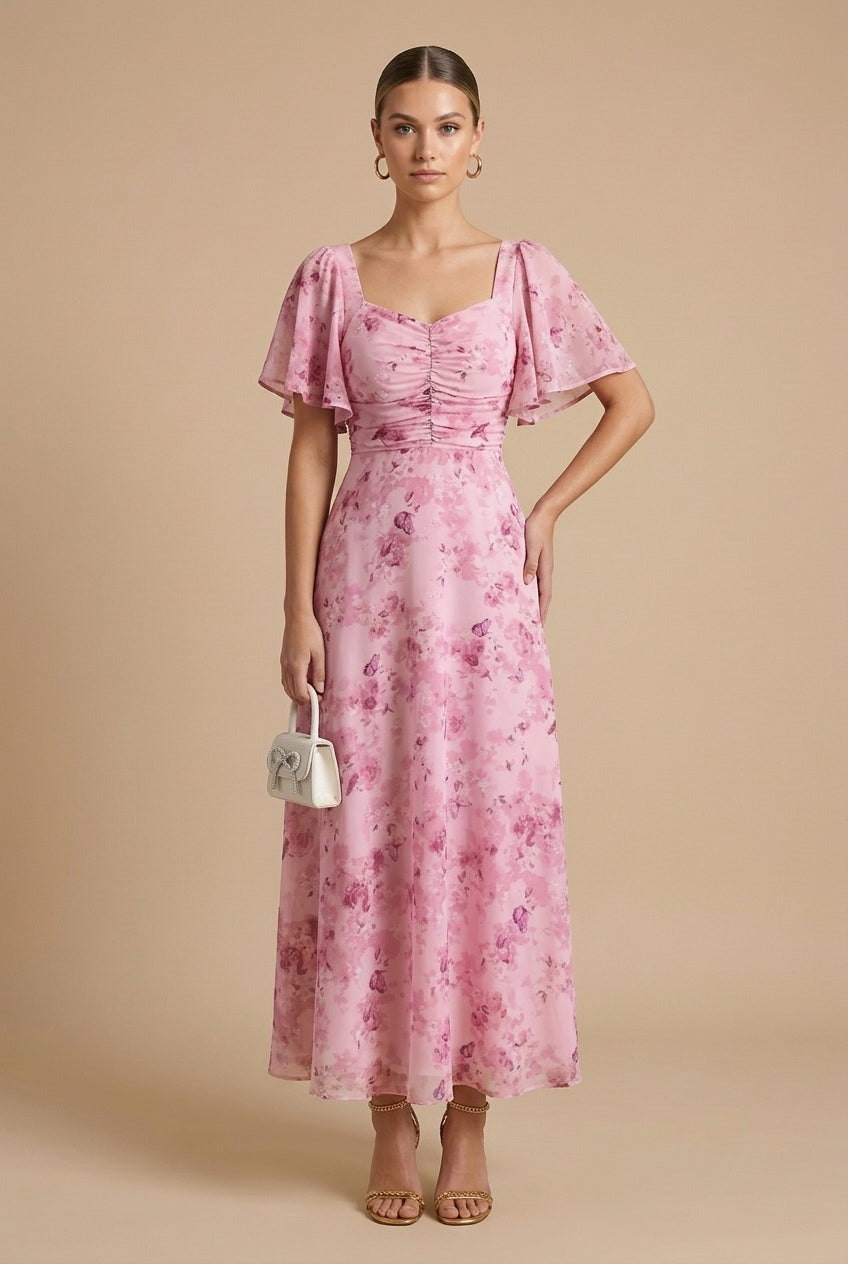 Elegant Floral Women's Maxi Dress with Puff Sleeves
