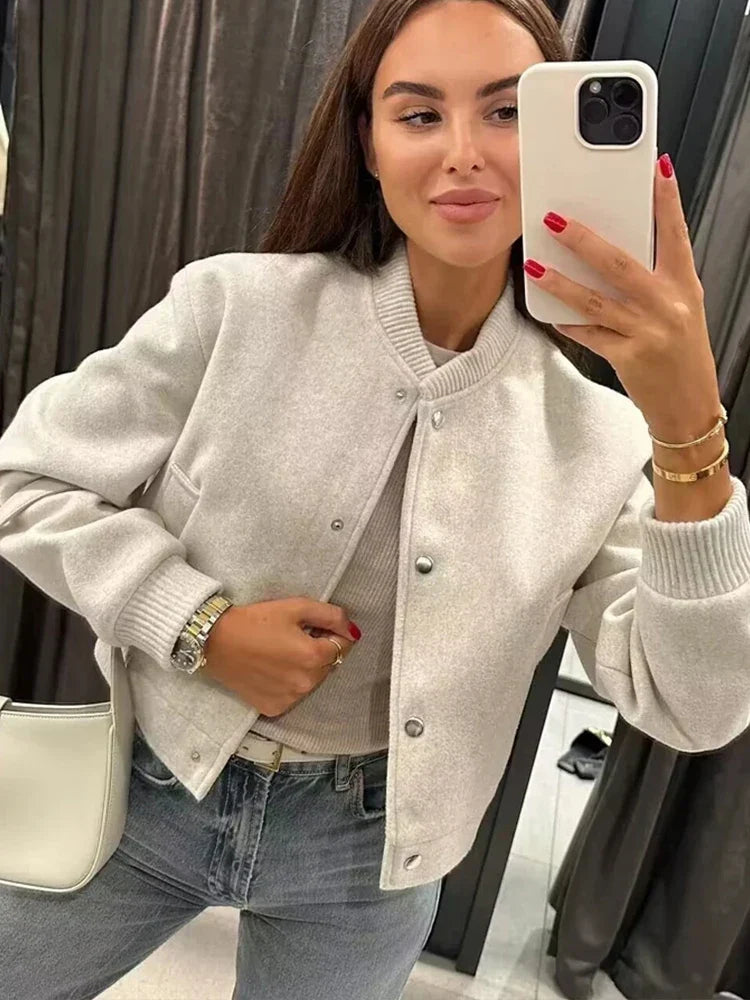 Stylish Cropped Button-Front Women's Bomber Jacket