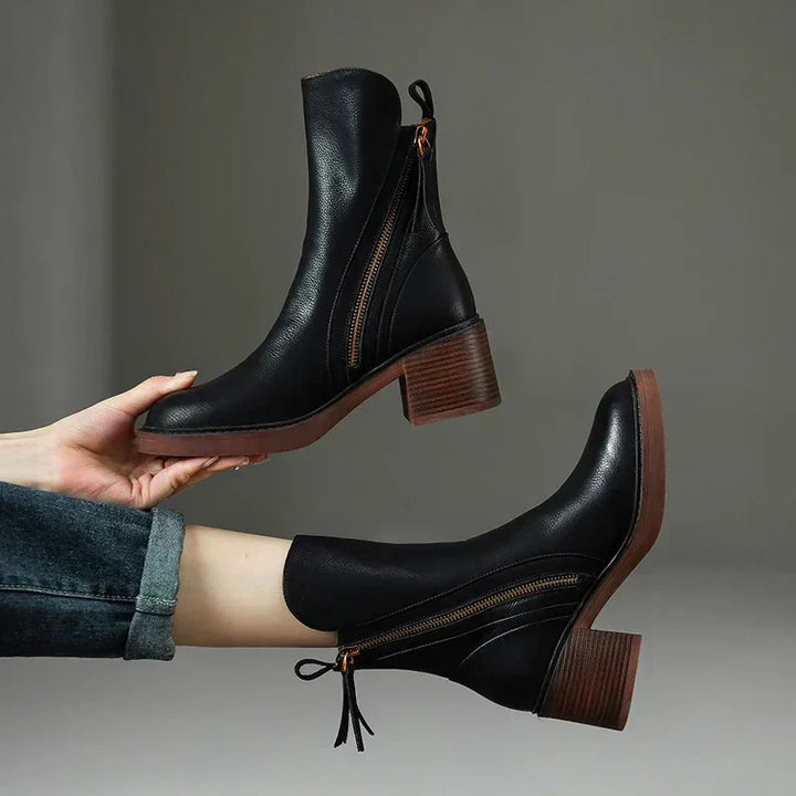 Elegant Women's Genuine Leather Ankle Boots with Block Heel