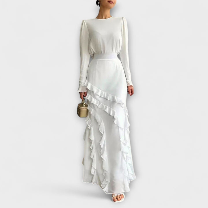 Elegant Women's Long Slim Fit Dress with Three-Dimensional Ruffles