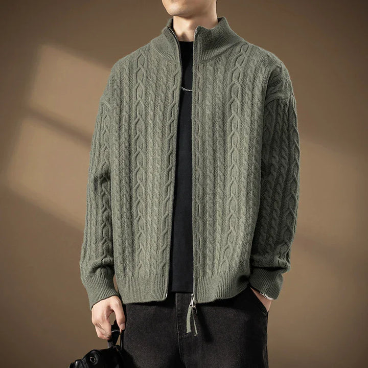Men's Zip Cardigan with Textured Knit - High Collar