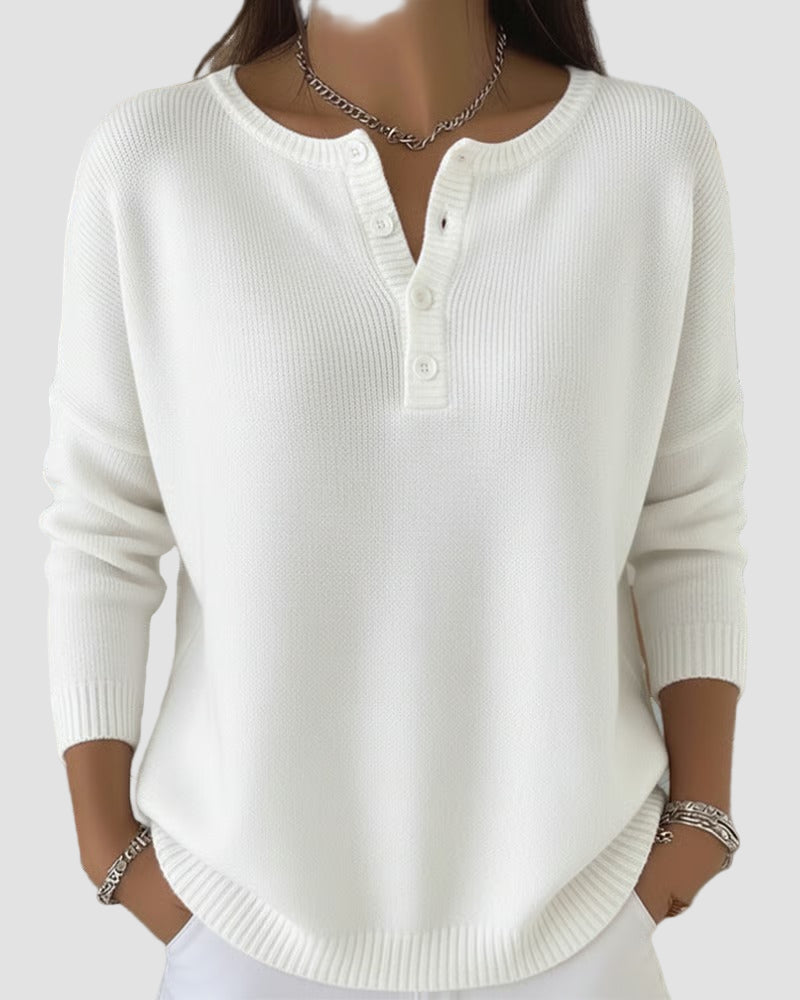 Women's Henley Knit Sweater with Button Placket - Timeless Comfort for Fall and Winter