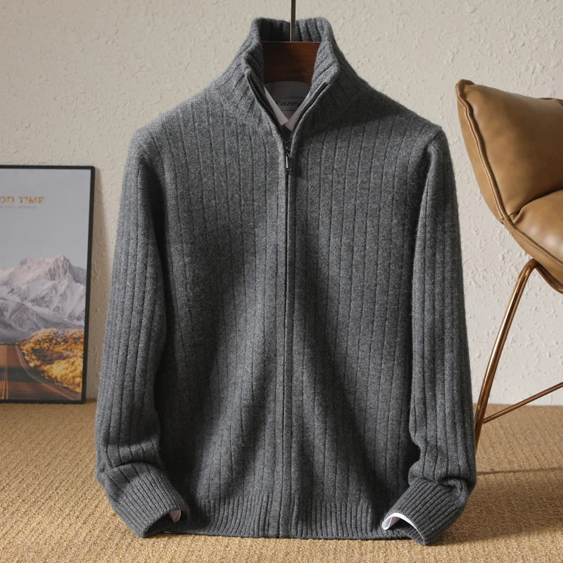 Men's Merino Wool Cardigan with Stand Collar and Zipper