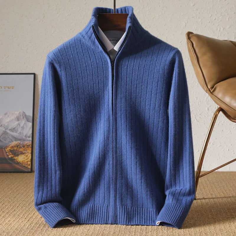 Men's Merino Wool Cardigan with Stand Collar and Zipper