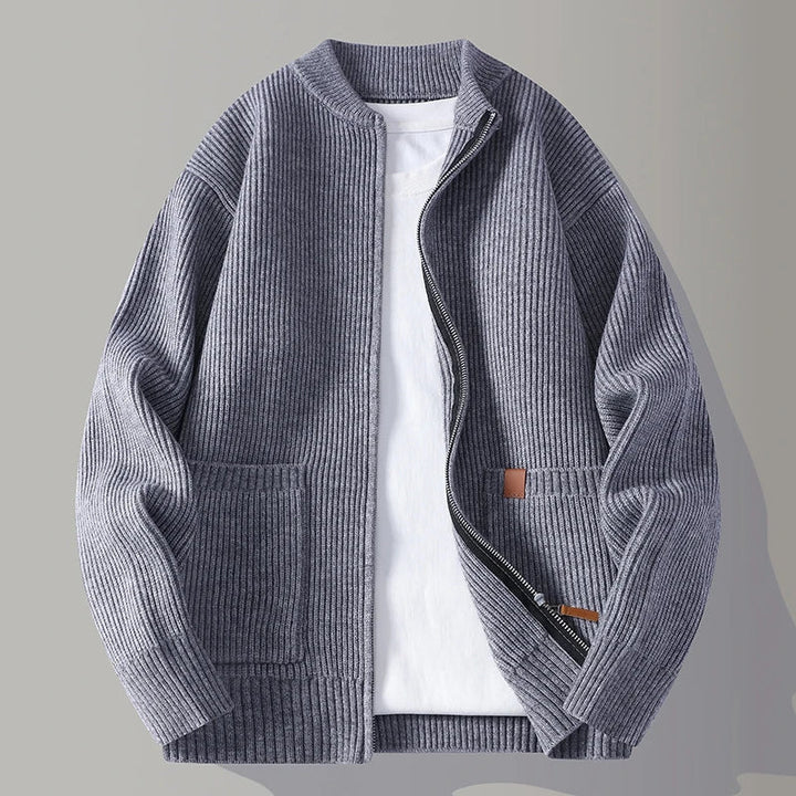 Men's Zip-Up Cardigan - Textured Ribbed Knit Design