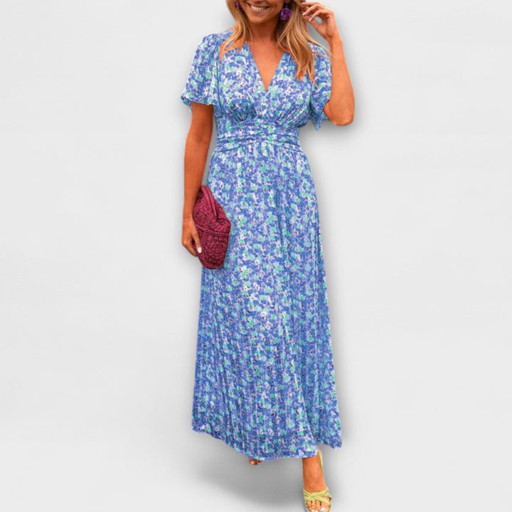 Classic Women's V-Neck Dress with Floral Pattern - Short Sleeve