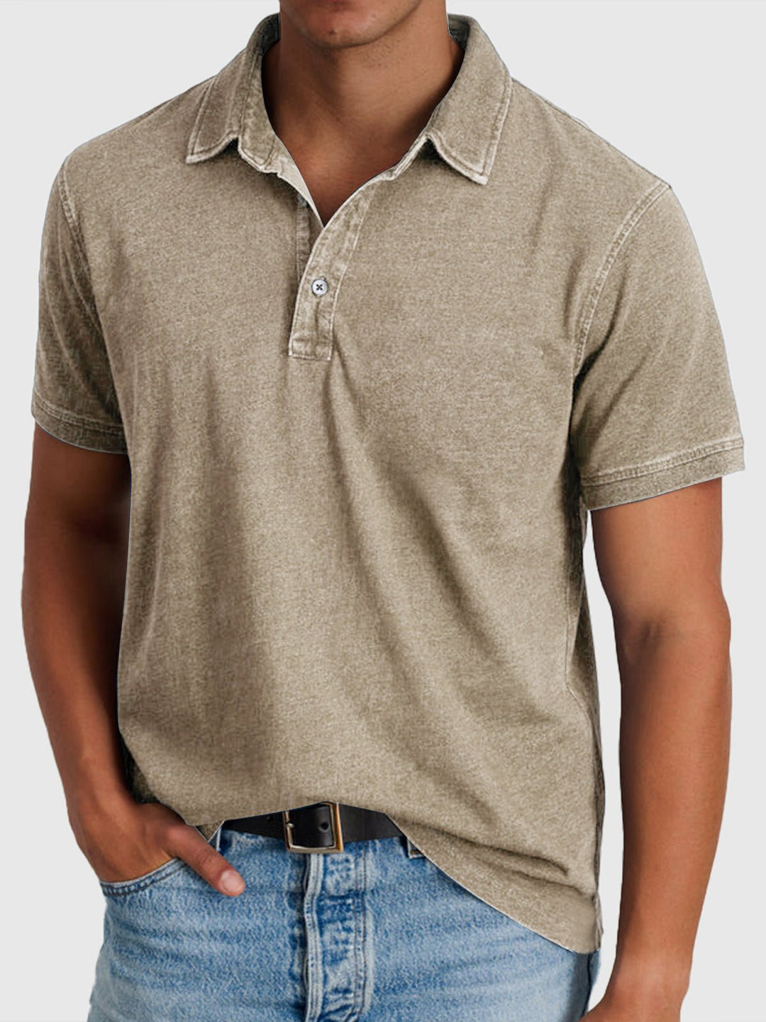 Herren Baumwoll-Denim Kurzarm Polo-Shirt - Khaki