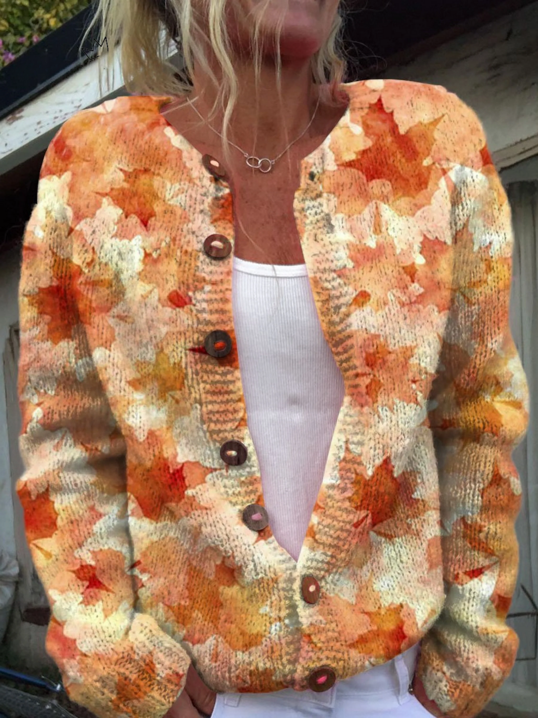 Women's Fall Cardigan with Maple Leaf Print - Cozy and Warm