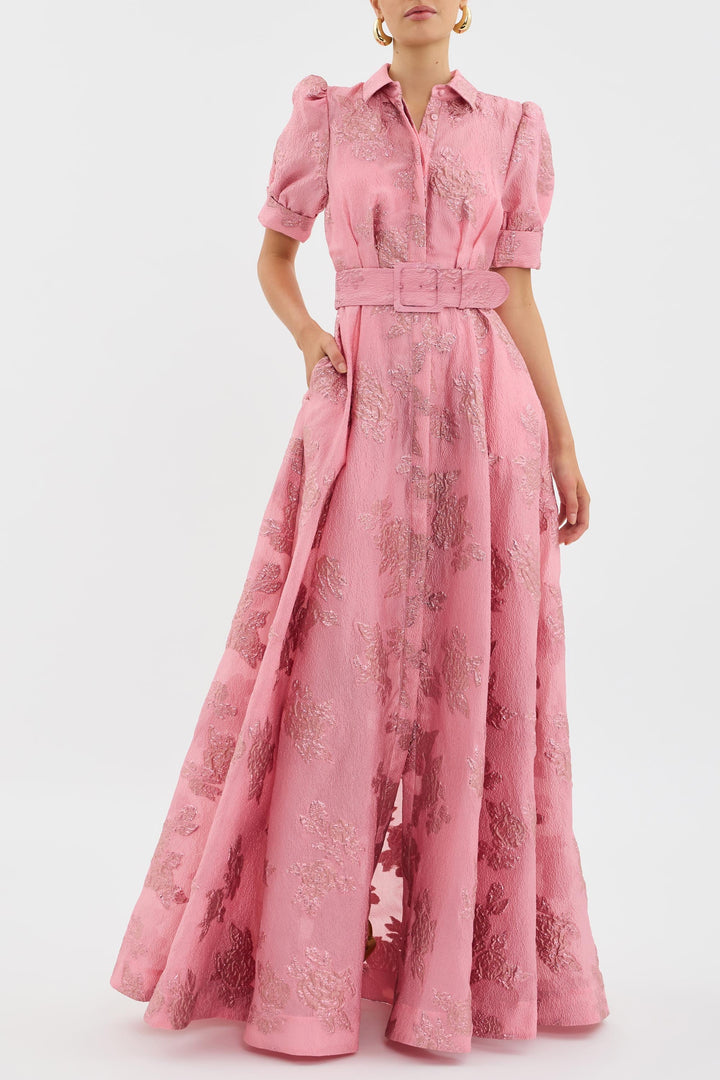 Elegant Floral Women's Maxi Dress with Short Puff Sleeves