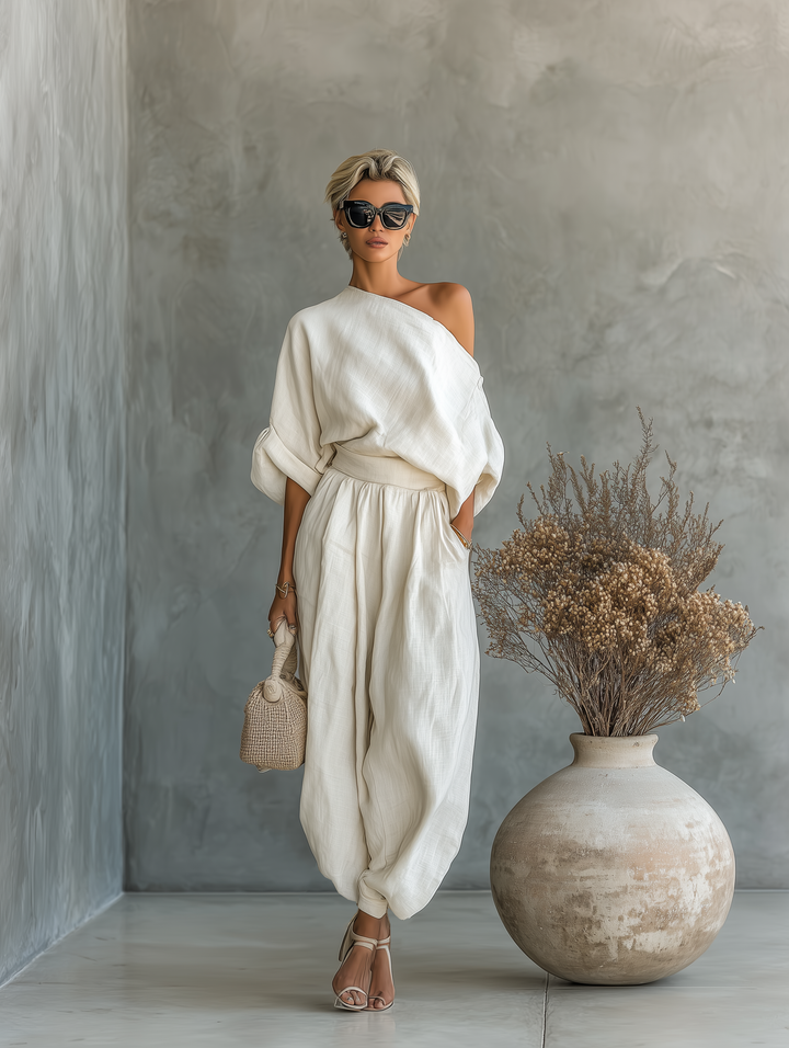 Relaxed Off-Shoulder Women's Linen Set with Tapered Pants