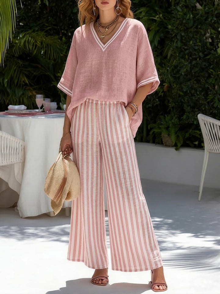 Chic Striped Women's Linen Cotton Ensemble