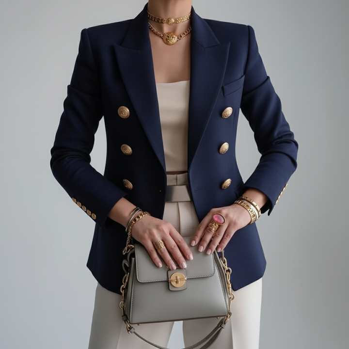 Elegant Women's Double-Breasted Blazer with Gold Buttons - Classic Tailored Fit