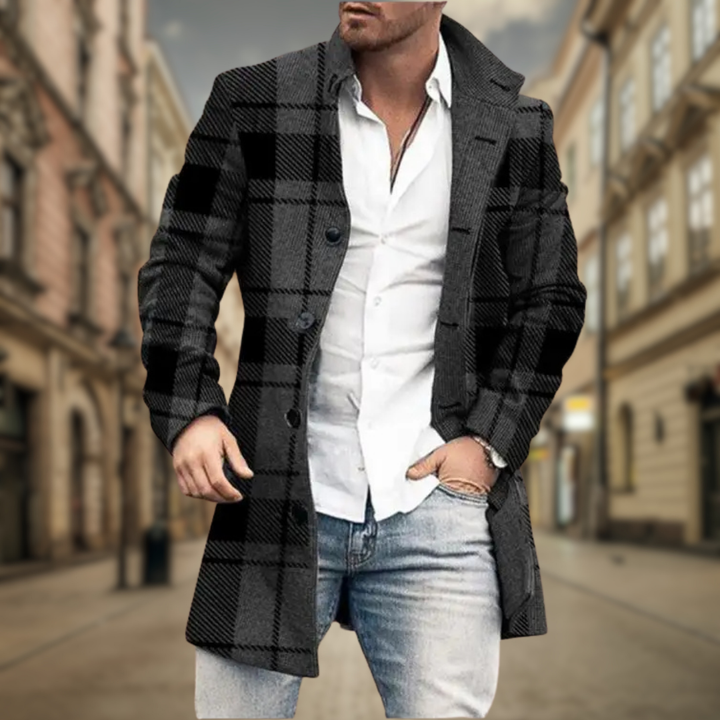 Elegant Men's Wool Coat with Plaid Pattern
