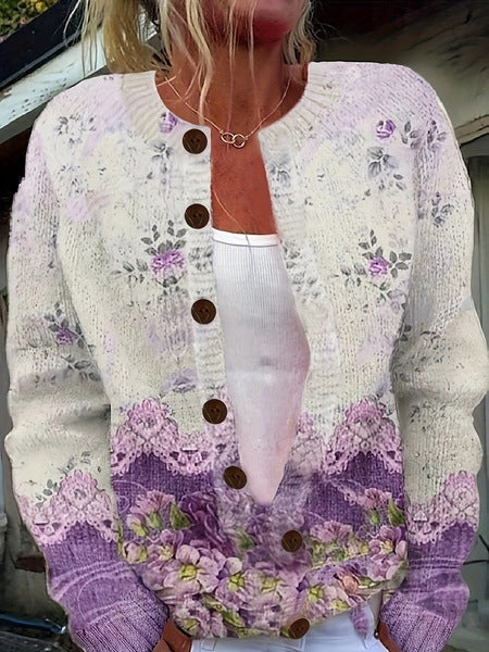 Elegant Women's Knit Cardigan with Vintage Floral Pattern