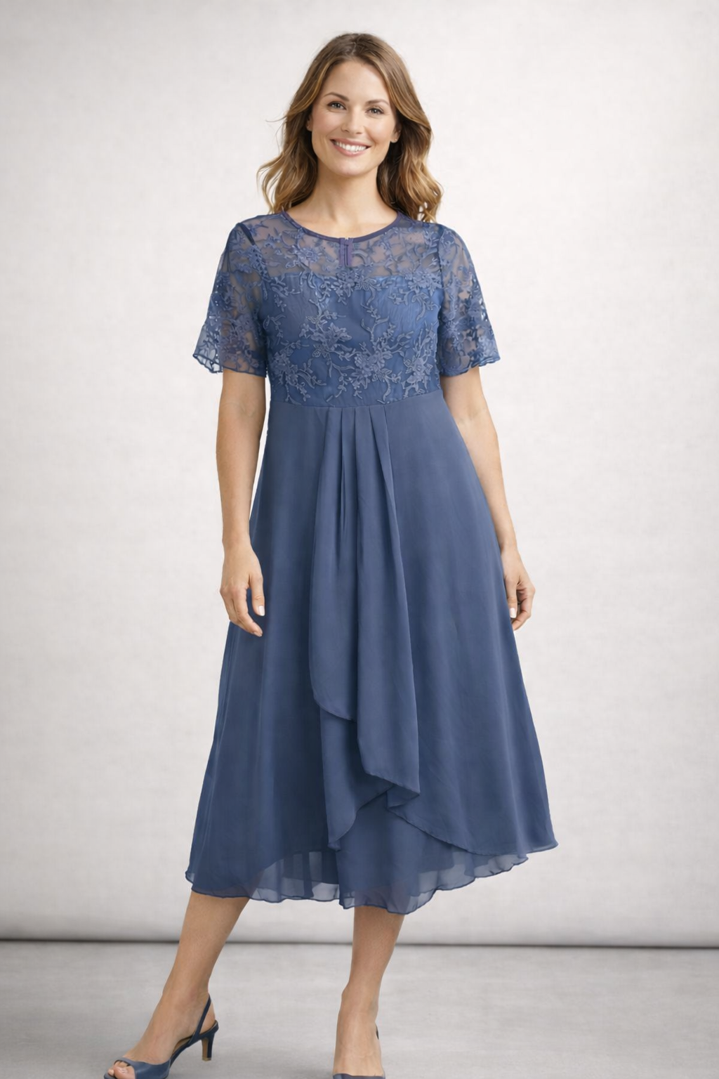 Elegant Lace & Chiffon Short Sleeve Women's Midi Dress