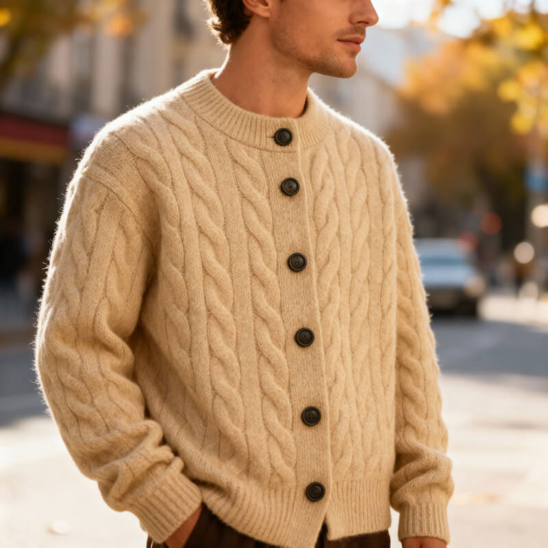 Classic Men's Cable Knit Cardigan with Button Placket