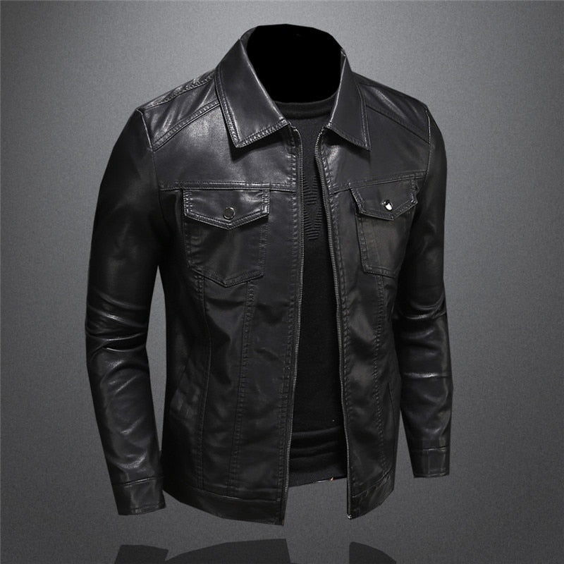 Classic Men's Leather Jacket with Zipper