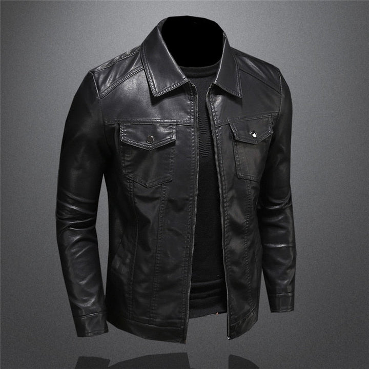 Classic Men's Leather Jacket with Zipper