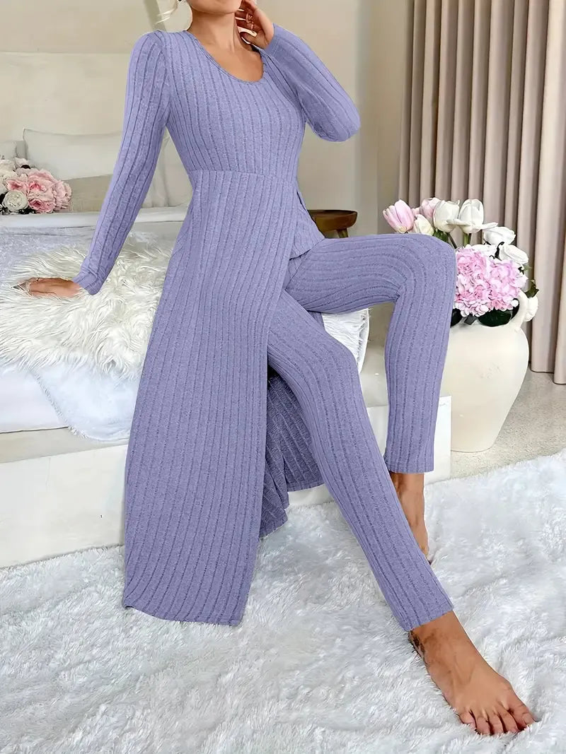 Women's Ribbed Set in Soft Rib Knit - Long Sleeve Top with Matching Pants