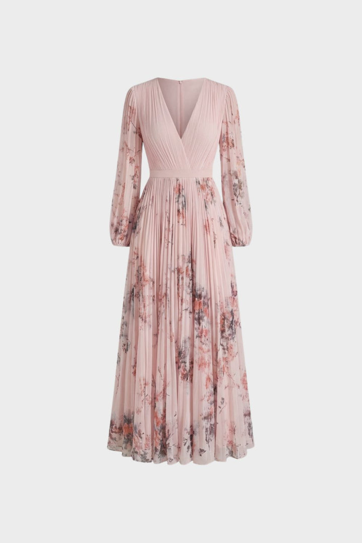Elegant Pleated Women's Midi Dress with V-Neck